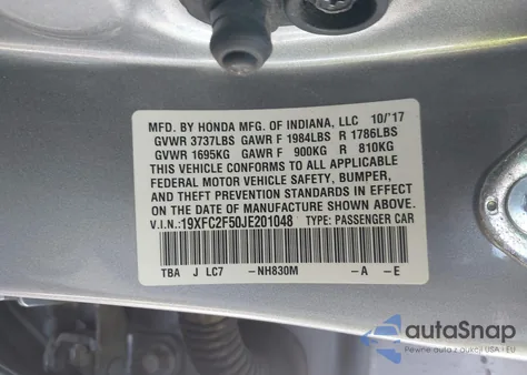 2018 Honda Civic Lx из США, поврежденный, VIN 19XFC2F50JE201048